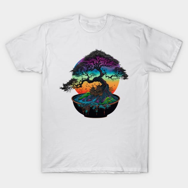 Bonsai World, Bonsai Tree, Rainbow Sunset T-Shirt by LetsGetInspired